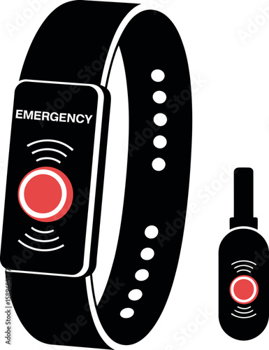 Black emergency alert wristband with red button and signal waves wearable technology