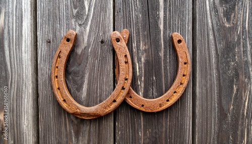 Vintage Horseshoes on Rustic Wooden Background for Home and Farm Decor, Good Luck Symbol
