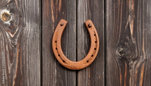 Rustic iron horseshoe hanging on wooden wall with dark grains for vintage charm and equestrian decor