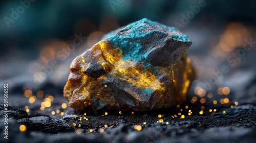 High-detail macro shot of uranium ore featuring vivid yellow and blue mineral textures, glowing on dark rocky ground.