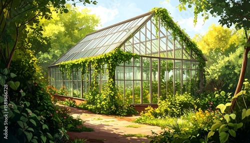 Serene Greenhouse Surrounded by Lush Foliage and Vibrant Garden in a Bright Sunny Environment