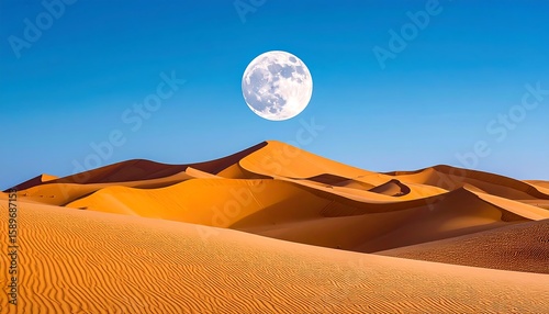 Serene Desert Landscape with Full Moon Illuminating Golden Sand Dunes Against a Clear Blue Sky