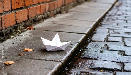 Simple White Paper Boat on Wet Cobblestone Street with Brick Wall Background in Urban Environment