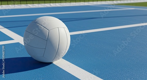 White Volleyball on Blue Court with Net