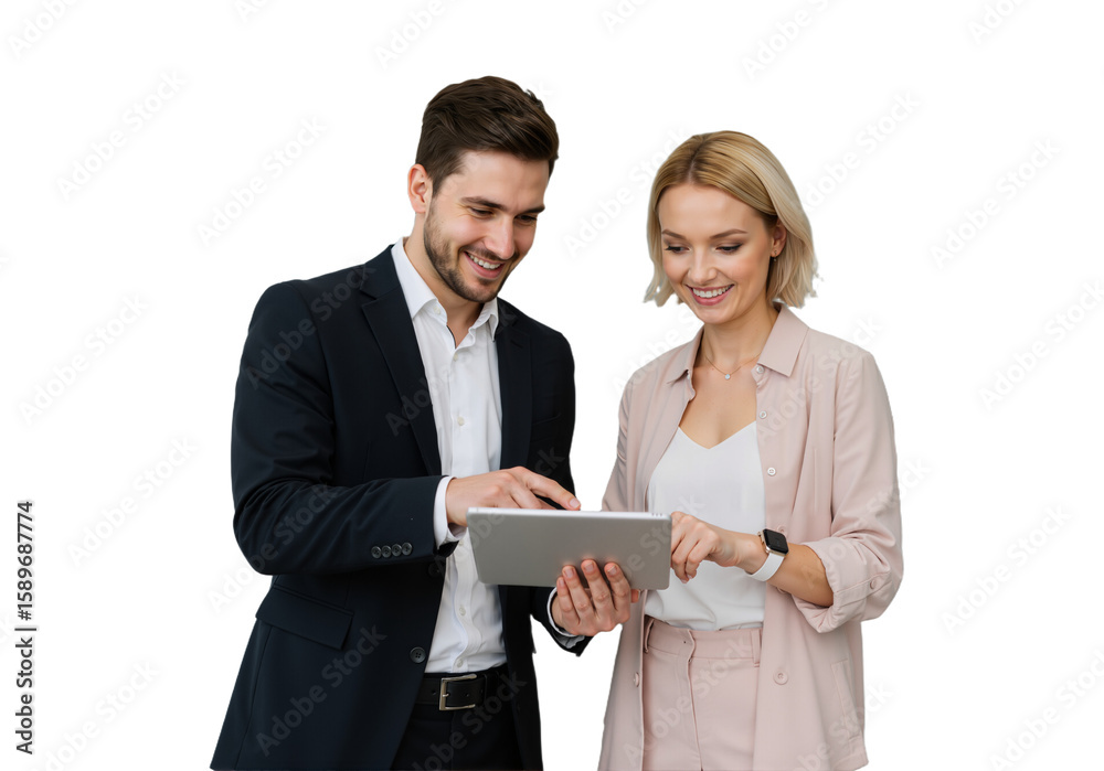 Busy Smiling Middle-Aged Business Man and Woman – Professional Corporate Executives in Suits Discussing Digital Strategy with Tablet, Standing and Collaborating in a Modern Office Setting, isolated on Busy Smiling Middle-Aged Business Man and Woman – Professional Corporate Executives in Suits Discussing Digital Strategy with Tablet, Standing and Collaborating in a Modern Office Setting, isolated on