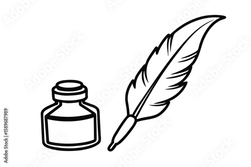Cartoon Feather Quill And Ink Bottle Old Writing Tools
