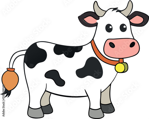 Adorable Cartoon Cow with Black Spots and a Bell Around Its Neck