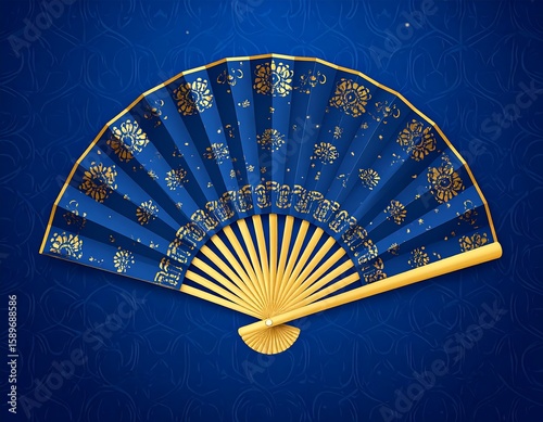 Elegant Blue Fan with Floral Patterns and Golden Accents on a Rich Blue Background