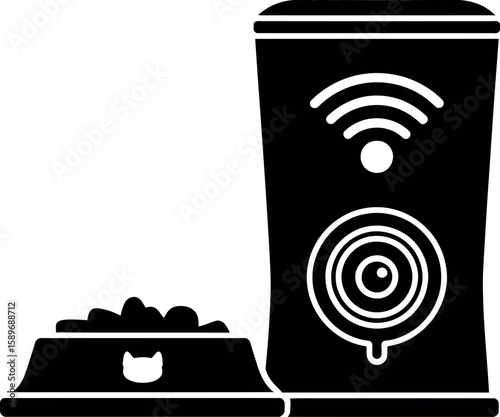 Black icon of automatic pet feeder with food bowl and wifi signal automatic feeder pet food