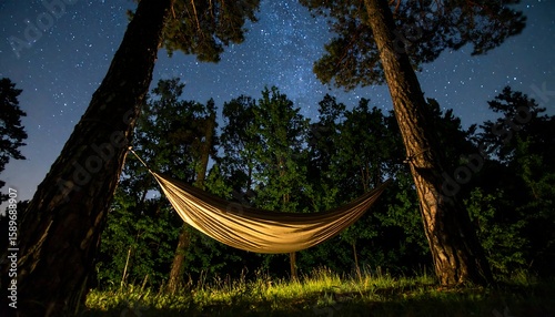 Serene Night in Forest with Stars Above and Hammock Suspended Between Tall Trees under Starry Sky
