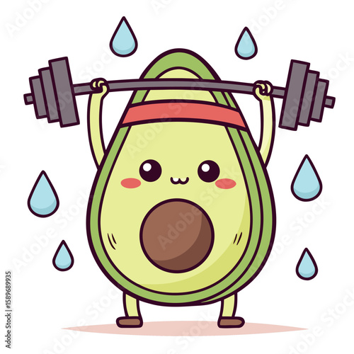 Animated avocado character powerfully lifts a barbell with a red headband, showcasing drops