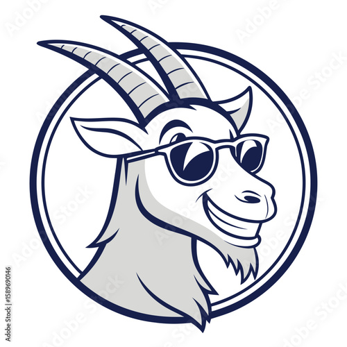 Smiling goat head with cool sunglasses showcases a funny expression inside a circle