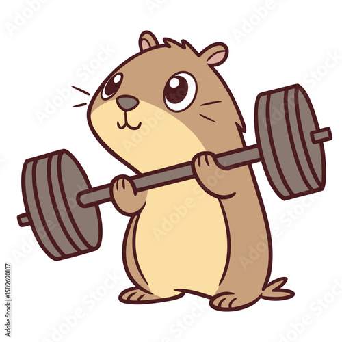 Cartoon hamster is depicted diligently lifting a barbell with a determined, focused expression