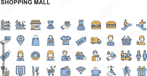Shopping mall icons set with commerce, services and consumerism elements.