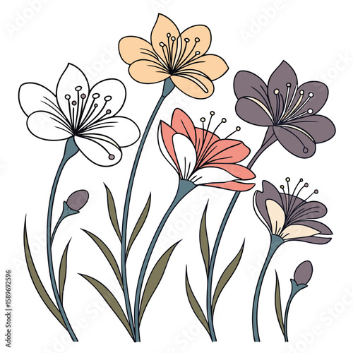 Stylized floral illustration with pastel colored petals and green leaves