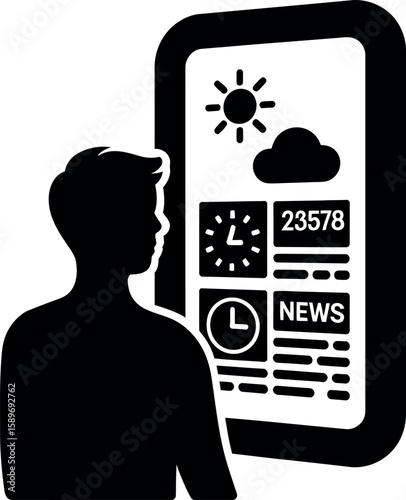 Silhouette of person viewing weather news and clock on digital screen smartphone