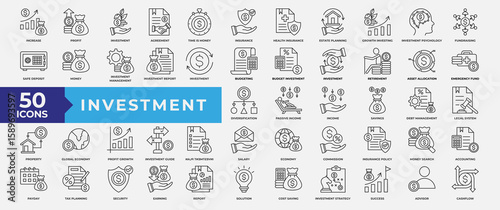 Investment icon collection set. Containing increase, money, accounting, investment, economy, financial and growth icon. Simple line vector illustration.