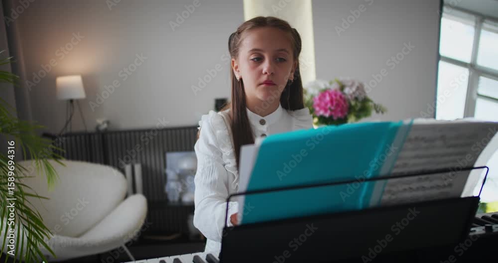Child playing piano at home during music practice, developing skills and discipline through structured learning