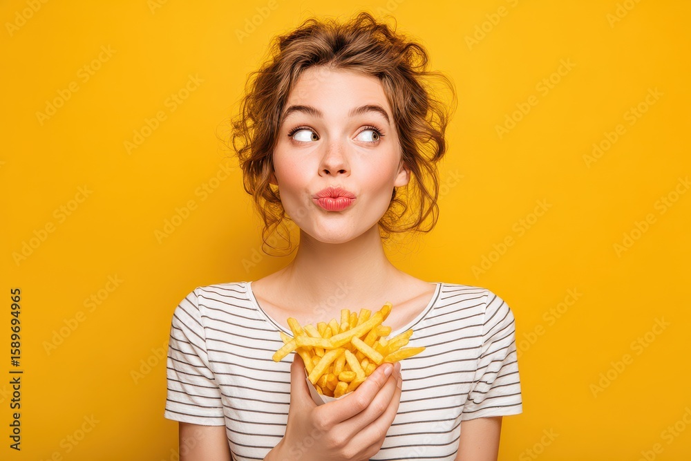 Attractive young lady with fries against a yellow backdrop Attractive young lady with fries against a yellow backdrop