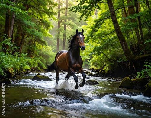 Majestic horse galloping through a sparkling stream in a lush green forest during golden hour