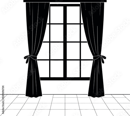 Black curtains tied back on a grid window over a tiled floor white