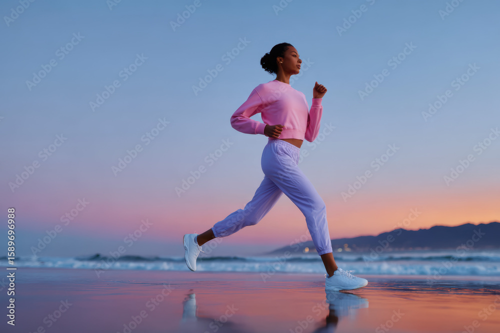 Fototapeta premium Young woman running on the beach at sunset