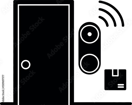 Black and white icon of a smart doorbell with wifi signal and package smart home delivery