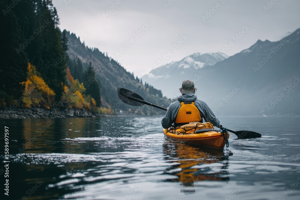 Fototapeta premium Back view of a man kayaking on a lake