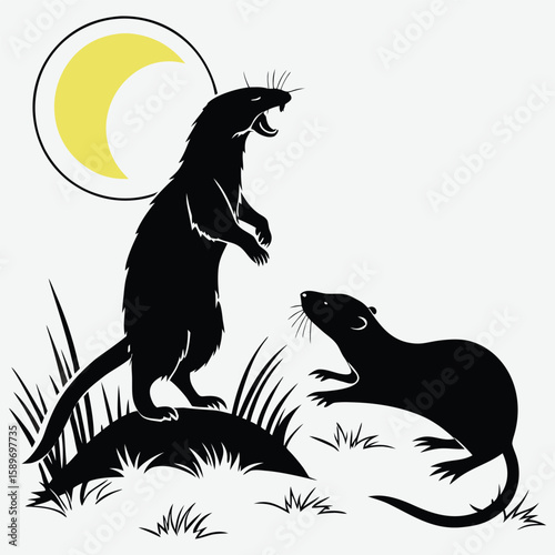  Weasel and mole clashing under moonlight image silhouette design vector art and illustration