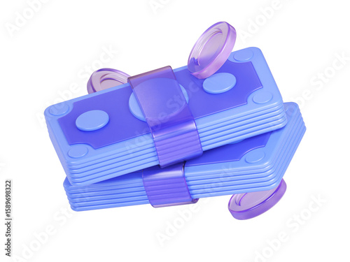 Blue banknotes in 3d with transparent coins