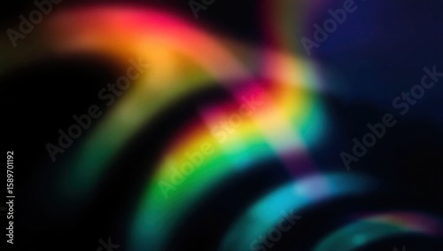 Blurred rainbow refraction overlay effect. Light lens prism effect on black background. Holographic reflection, crystal flare leak shadow overlay. Colorful rainbow disco ball light