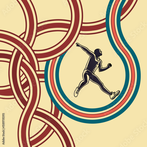 Athlete Throwing with Retro Loops and Bold Vintage Lines