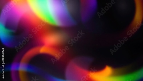 Blurred rainbow refraction overlay effect. Light lens prism effect on black background. Holographic reflection, crystal flare leak shadow overlay. Colorful rainbow disco ball light