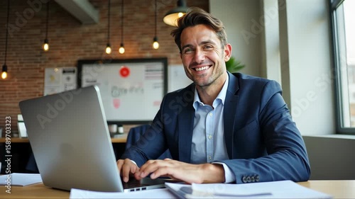 Business man, laptop and smile with finance project success and good news on email in modern office space background.