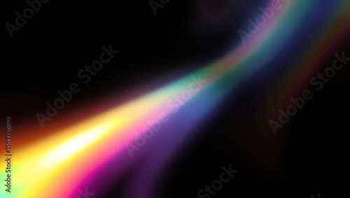 Blurred rainbow refraction overlay effect. Light lens prism effect on black background. Holographic reflection, crystal flare leak shadow overlay. Colorful rainbow disco ball light