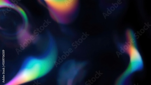 Blurred rainbow refraction overlay effect. Light lens prism effect on black background. Holographic reflection, crystal flare leak shadow overlay. Colorful rainbow disco ball light