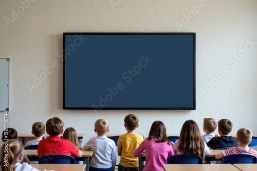 Children watching a blank screen in a classroom setting  