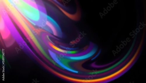 Blurred rainbow refraction overlay effect. Light lens prism effect on black background. Holographic reflection, crystal flare leak shadow overlay. Colorful rainbow disco ball light
