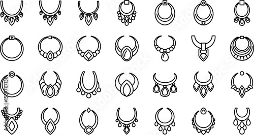 A collection of outlined necklace designs displayed in rows showcasing various shapes and styles of jewelry