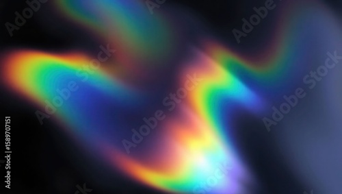 Blurred rainbow refraction overlay effect. Light lens prism effect on black background. Holographic reflection, crystal flare leak shadow overlay. Colorful rainbow disco ball light