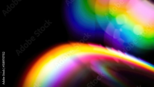 Blurred rainbow refraction overlay effect. Light lens prism effect on black background. Holographic reflection, crystal flare leak shadow overlay. Colorful rainbow disco ball light