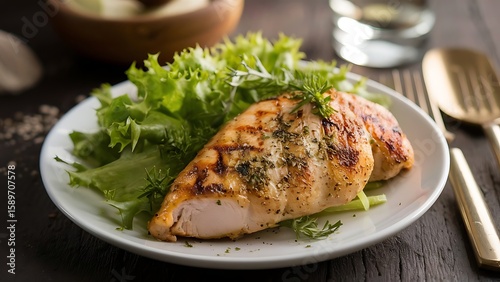 grilled chicken breast crisp green lettuce white plate
