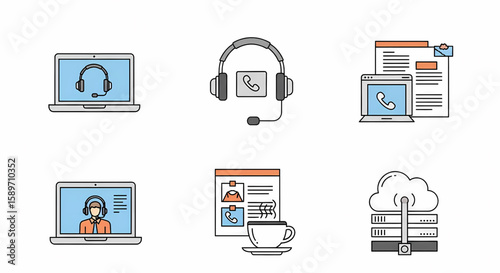 Customer Support Headset Icon: Gray, Line Art Style