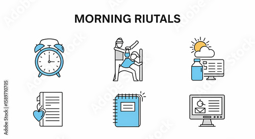 Blue Alarm Clock Icon with Bells, Hands, and Time Displaying Morning.