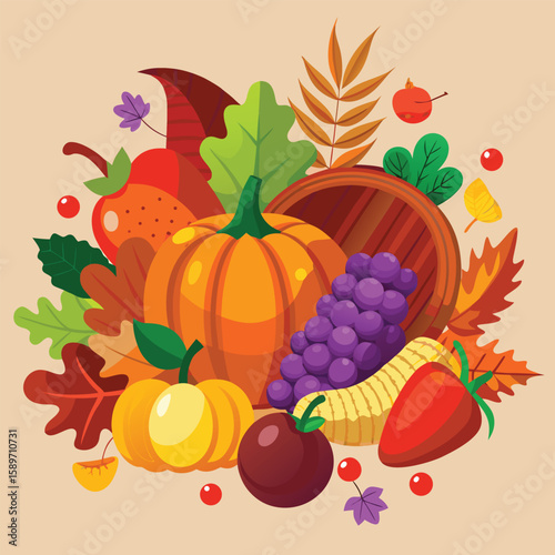 Autumn harvest bounty with pumpkins and fruits grapes
