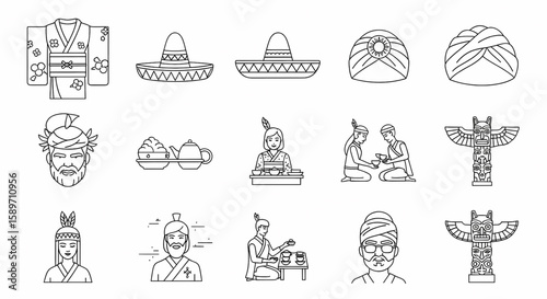 Outline Illustrations of Diverse Cultural Clothing and Traditions