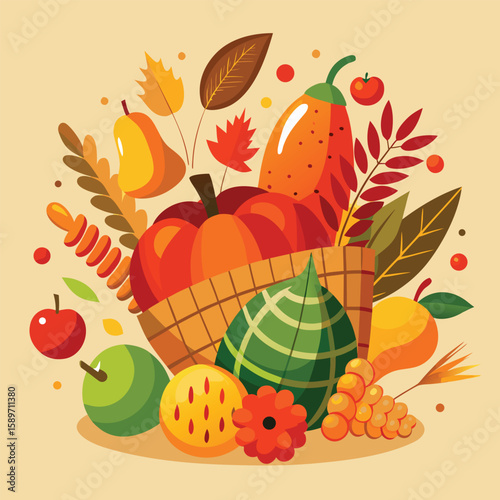 Autumn Harvest Fruits Vegetables And Leaves vector