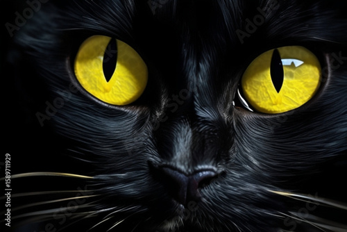 close-up front view of a black cat yellow eyes peering from the darkness ai generate vector