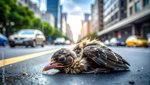 Fototapeta Naklejka Na Ścianę i Meble -  A small bird lies dead on a city street