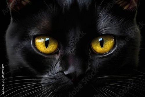 close-up front view of a black cat yellow eyes peering from the darkness ai generate vector